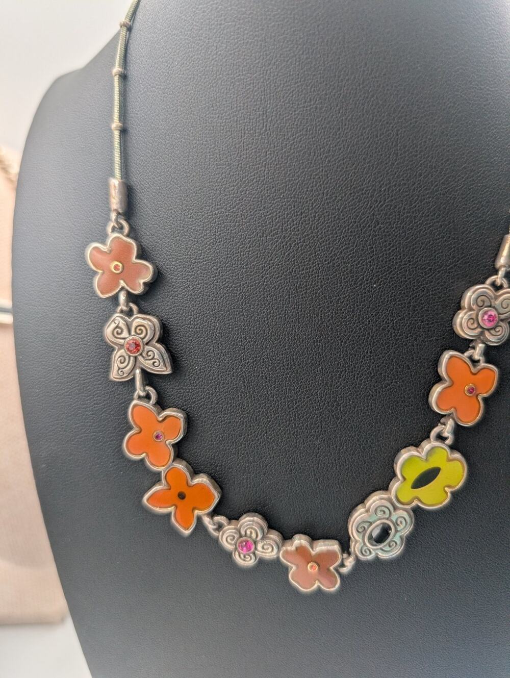 Brighton Enamel Meadow Art Necklace Silver Tone Multi-Color Floral Pendant Chain